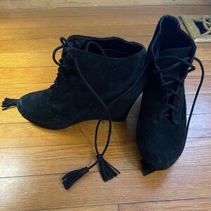 Jessica Simpson Cyntia Ankle Wedge Booties Heels Lace Up Suede Black Size 7